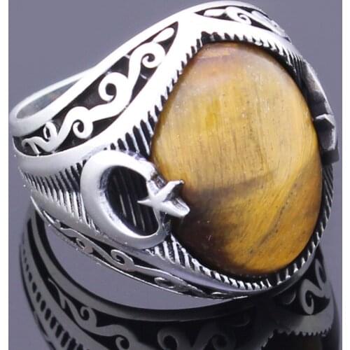 Solid 925 Sterling Silver Moon Star Tigers Eye Stone Mens Ring