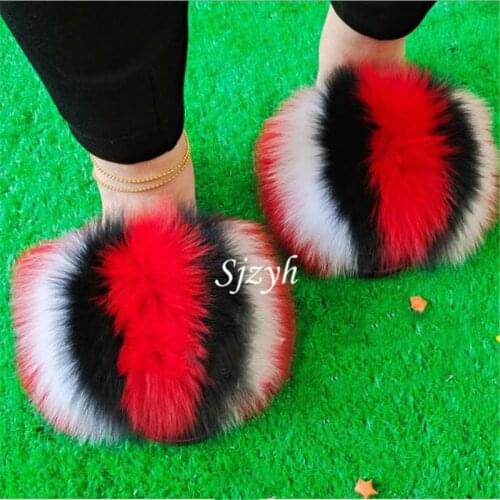 Wholesale Womens Winter Plush Sandals Girls Real Fox Fur Slides Indoor Warm Furry Home Shoes Ladies Luxury Fluffy Fur Slippers
