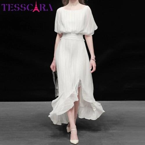 TESSCARA Women Elegant White Dress Festa High Quality Wedding Cocktail Party Robe Femme Asymmetrical Designer Chiffon Vestidos