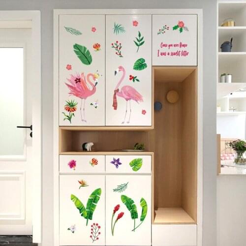 High Quality Green Leaf Flamingos Refrigerator Sticker Wardrobe Room Background Decorative Wall Sticker Stickers Home Wallpaper