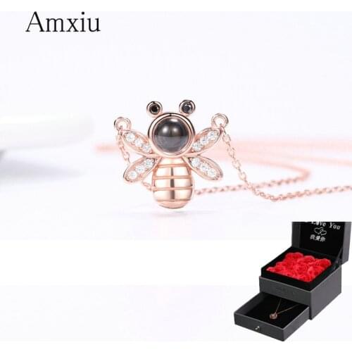 Amxiu 925 Silver Choker Necklace 100 languages I love you Projection Necklace Small Bee Necklace with Zircons Jewelry For Women