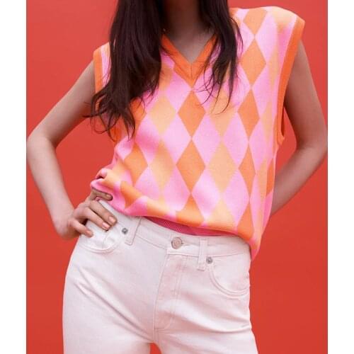 2021 Women Fashion Pink Geometric Knitted Vest Sweater Spring Sleeveless Female England Style Basic Waistcoat Casual Tops