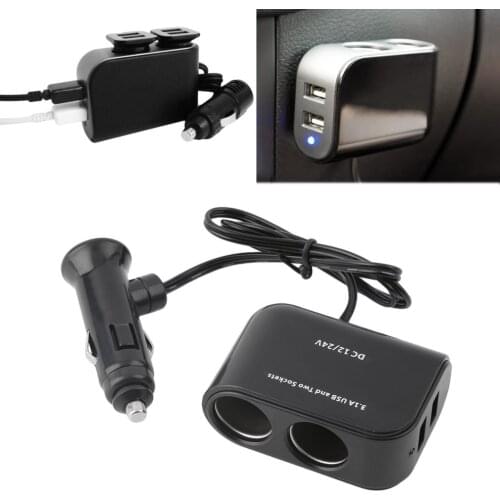 2 Way Car Cigarette Lighter +LED Light Switch Auto Socket Splitter Charger USB 12V/24V vehicle lighter adapter