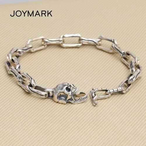 20cm 23cm Retro Thai Silver Skull Link Chain Bracelet Skeleton 925 Sterling Silver Bracelet For Men Punk Male Jewelry TSB541