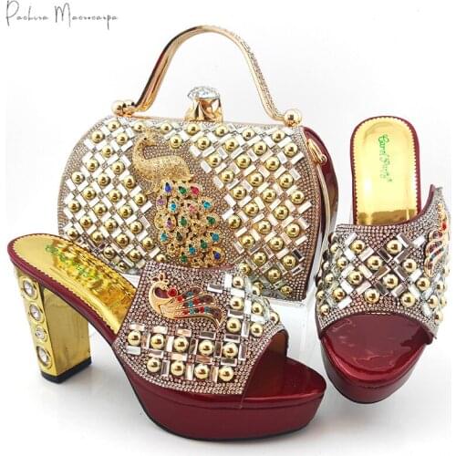 2020 New Arrival Italian Design African Nigerian Party Fashion Phoenix Style Wine Ladies Shoes and Bag Set Decorated With Metal