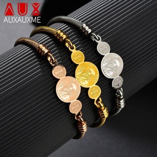 Auxauxme Stainless Steel San Benito Medal Wire Bracelet Gold Color Religious Catholic Bracelets for Women Men Jewelry Wholesale