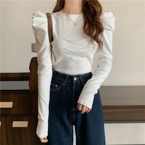 White Bubble Long Sleeve T-shirt Top 2021 New Fashion Design Sense Minority Short Bottomed Shirt Women Tshirt French Vogue Tees
