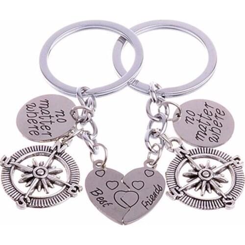 2PCS Best Friends No Matter Where Compass keychain Set Heart Best Friend Gifts BFF Friendship keychain