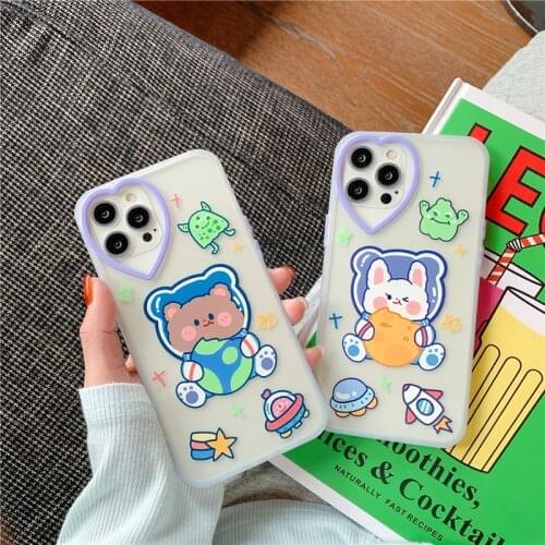 Cartoon Astronauts Bear & Bunny Case for iPhone 12 Pro Max Back Phone Cover for 12 Mini 11 Pro Max X XS XR 8 7 Plus SE 2020 Capa
