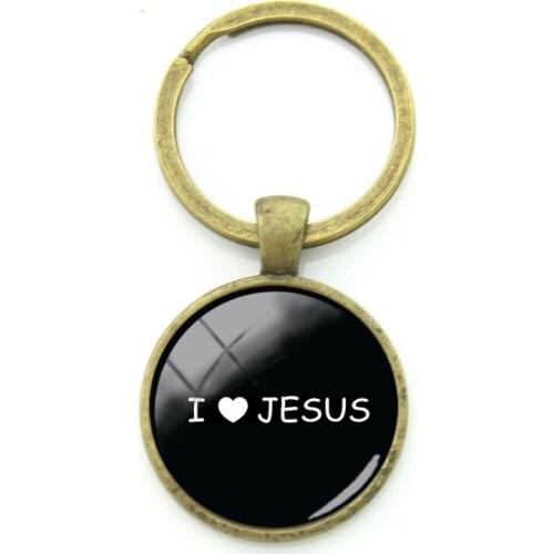 TAFREE Classic Jesus Letters Black Keyring New Cross Images Glass Dome Antique Copper Key Chains For Believers