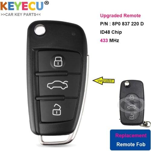 KEYECU Upgraded Flip Remote Car Key for Audi A3 S3 A4 S4 TT, Fob 3 Buttons - 434MHz - ID48 Chip - P/N: 8P0 837 220 D, 8P0837220D
