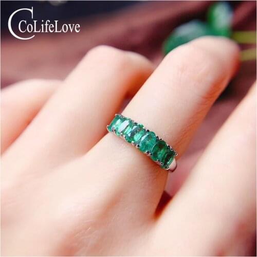 CoLife Jewelry 925 Silver Emerald Band Ring for Daily Wear 6PCS Natural Zambia Emerald Silver Ring Fashion Silver Emerald Ring