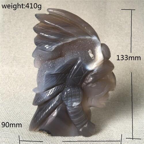 Natural Blue agate quartz crystal carved Indian chief Good luck spiritual cultural belief collection Super energy totem