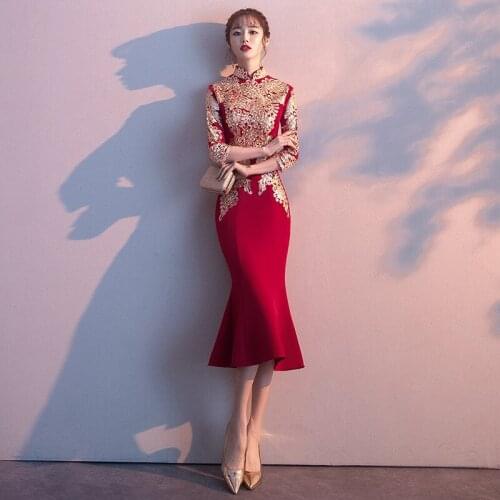 Bridesmaids Dresses Vintage Jersey High Three Quarter A-Line Knee-Length Luxury Burgundy Elegant Women Wedding Party Gown E781