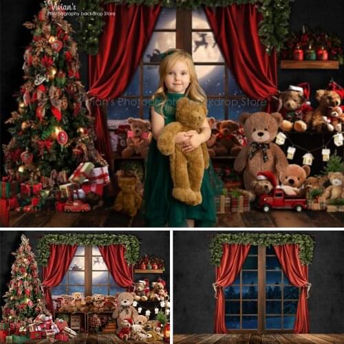 Toy Christmas Backdrop Kids Photography Child Baby Photocall Gift Bear Decor Window Background Family Girl Photostudio Props