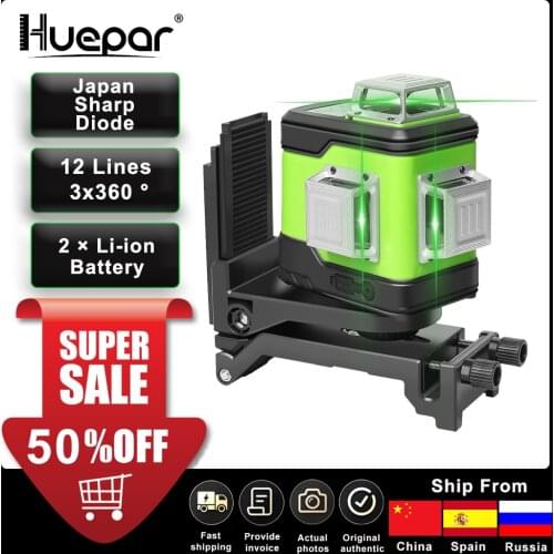 Huepar 3D Cross Line Self-Leveling Laser Level 3x360 Green Beam Three-Plane Leveling & Alignment Laser Tool & 2 Li-ion Battery