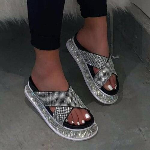 New Women Summer Sandals Flats Shoes Woman Sexy Party Plus Size Shiny Crystal Slippers Slides Sandalias Mujer Sapato Feminino