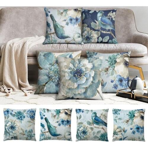 Blue Artistic Oil Painted Cushion Cover Bird Flower Floral Printing Linen Throw Pillowcase Sofa Couch Decorative Pillows Casees