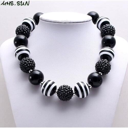 MHS.SUN 5PCS Children Black Chunky Rhinestone Beaded Necklace Kids Girls Cute Bubblegum Handmade Necklace Jewelry For Party Gift
