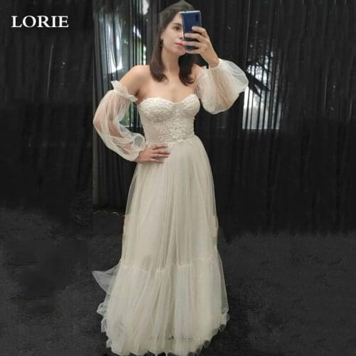 LORIE Ivory Princess Wedding Dress Sweetheart Appliqued Puff Sleeves Bride Dress A-Line Tulle Backless Boho Wedding Gown
