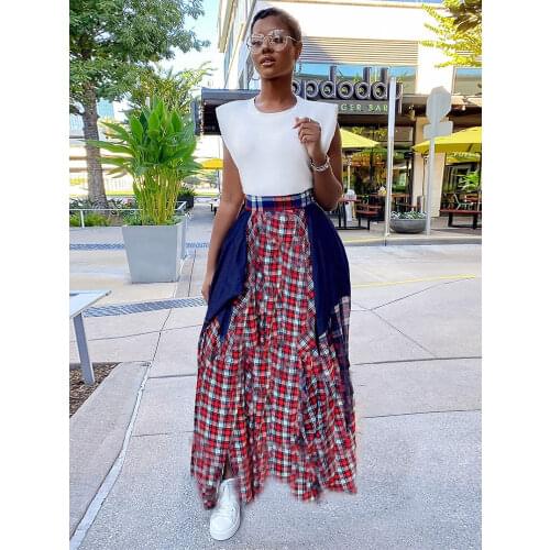 Plaid Checkered Tie Dye Patchwork Pleated Skirt Women Vintage High Waist Ruched Maxi Skirt Summer Female Floor Length Skirts