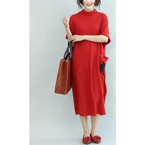 Women Dresses 2019 Spring Summer New dress Elegant Fashion Loose Half-High Collar Pocket Embroidered Dress Women Clothing Q12