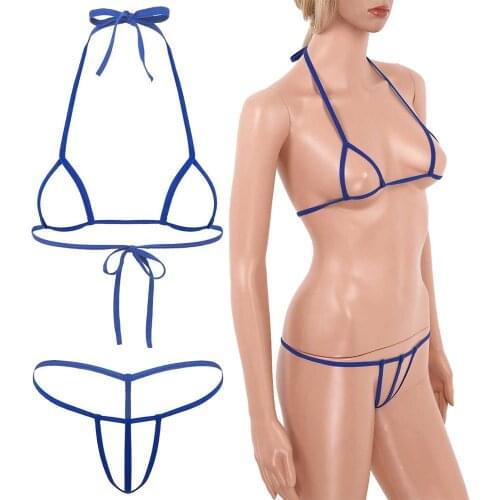 Womens Ladies Sexy Erotic Sets Micro Hollow Out micro Bikini Lingerie Open Cup Self-tie Bra Top with G-String Briefs Underwear