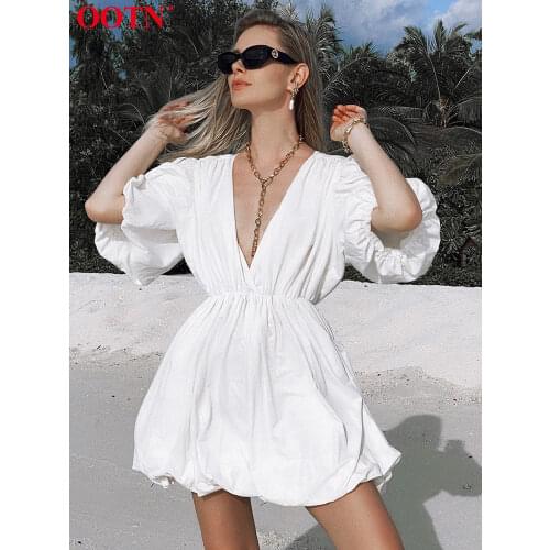 OOTN 2021 Fashion Casual Short Dresses Women Lantern Sleeve V-Neck Sexy Black Dress Summer Elegant Pleated A-Line Dress Ladies