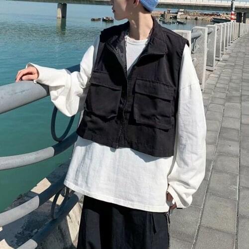 Mens Vest Hiphop Streetwear Tide Brand Casual Short Coat Big Pocket Tooling Male Clothes ins Fashion Wild Sleeveless Outerwear