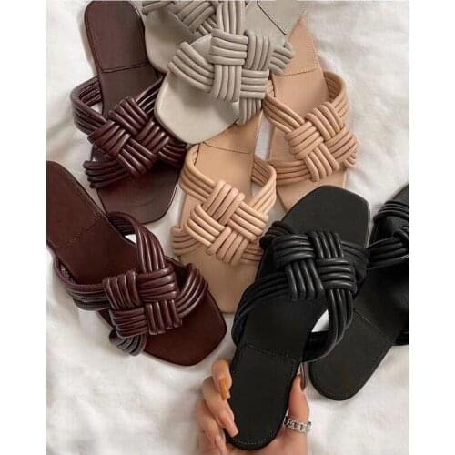 2021 Summer New Womens Sandals Fashion Outdoor Womens Shoes Flat Solid Color Woven Slippers Plus Size 41