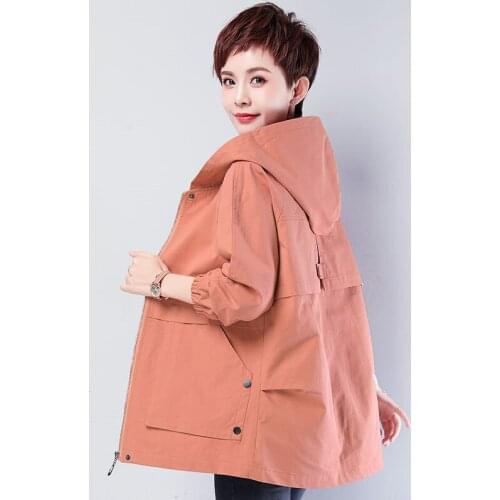 4XL Plus Size Women Jackets Spring Autumn Loose Womens Windbreaker Coat Middle Aged Mother Casual Cotton Hooded Outwear W2309