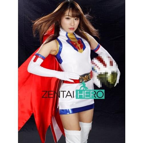 No Helmet! Hot Sexy Lady Gatchaman Super Hero Zentai Bodysuit Shiny Metallic Birds White Dress Woman Gigalady Catsuit with Cape