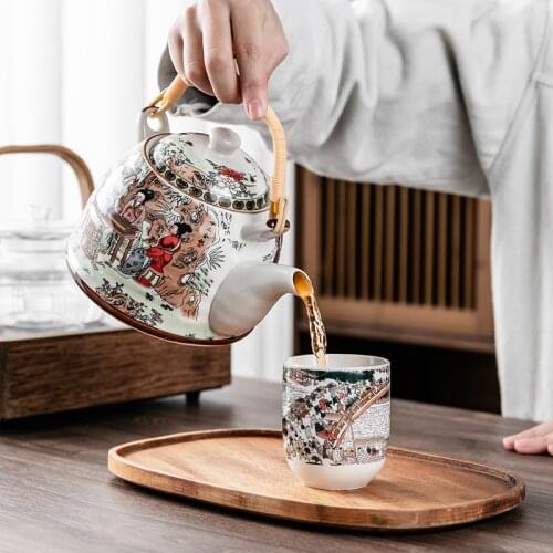 Household Porcelain Teapot Ceramic Large Capacity Cool Water Pot Large Blue and White Porcelain Retro Loop Handle Beam Pot
