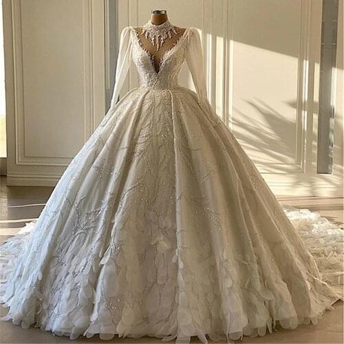 Exquisite Lace Beads Ball Gown Wedding Dress With Cathedral Train Luxury Stones High Neck Long Sleeve Wedding Bridal Gowns