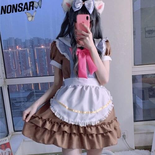 NONSAR Lolita Maid Outfit Cosplay Costumes Dress Womens Coffee And White Ribbon Party Sweet Dress Japanese Cute