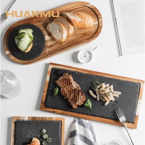Square-Tray Dessert Plate Steak Nordic Natural Acacia Wood Rock Stone Sushi Pizza Steak Tray Kitchen Cutlery