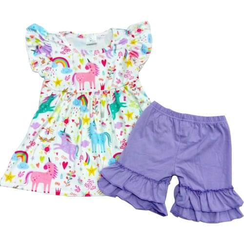Summer Girls Two Pieces Set Unicorn Rainbow Stars Sleeveless Tunic Purple Cotton Shorts