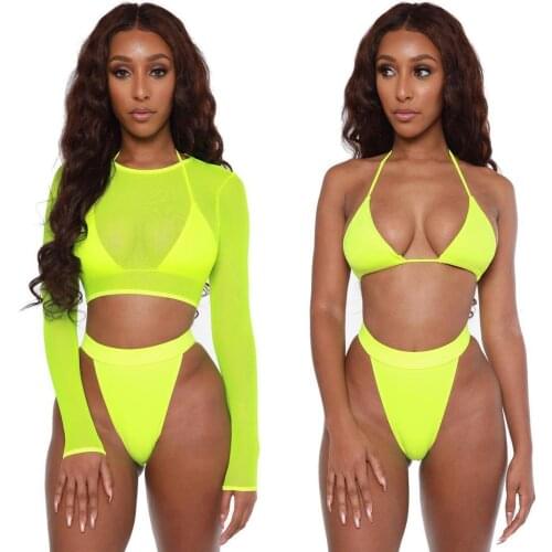 Summer 2021 New Women Sexy High Waist Bikini Rash Guard Swimwear Long Sleeve 3pcs Swimsuit Maillot De Bain Femme
