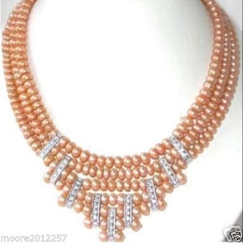 Fashion style 3 Rows 6-7mm PINK Pearl Necklace