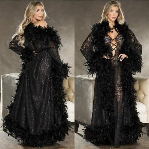 Luxurious Black Night Robe with Feathers Long Sleeve Lace Sequined 2021 Party Celebrity Sleepwear Nightgowns Robes