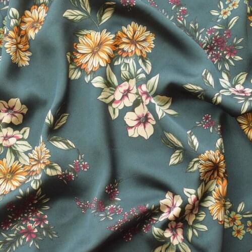 One meter High quality elastic Satin Chiffon tissu Small floral print on dark green background fabric Fashion clothes material
