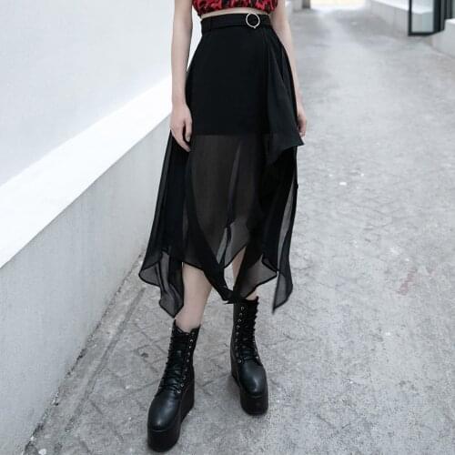 PUNKRAVE Womens Punk Fake Two-piece Sexy Chiffon Mid-length Skirt Gothic Fashion Adjustable Belt Casual Long Skirt