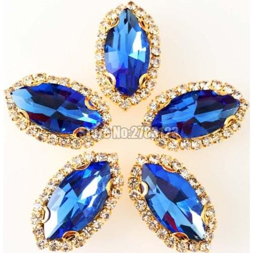 Light blue Horse eye shape Gold bottom Crystal button,sew on AAA+ Glass Crystal rhinestones diy/Clothing accessories