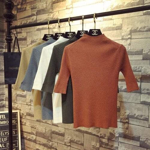 Spring and autumn new slim five-point sleeve half-high neck sweater ladies pullover solid color casual all-match blouse women