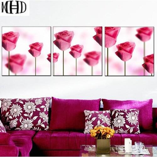 Rose flower triptych decoration full & round 5d diy diamond cross stitch crystal diamond painting flower needlework 1 set of 3