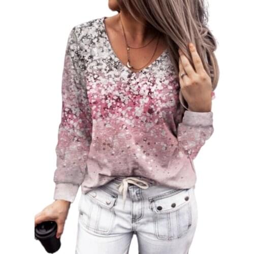 New Womens Tee Floral Digital Printed V-Neck 2021 Autumn Long-Sleeve T-Shirts Female Office Ladies Elegant Fashion Pullover Tops