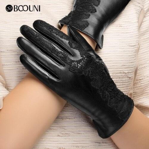 BOOUNI Genuine Leather Gloves Women Fashion Black Thicken Plus Velvet Lace Embroidery Sheepskin Winter Driving Glove NW079