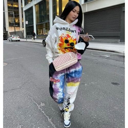 2021 Autumn and Winter 2-piece Set of Womens Letter Printing Long-sleeved Hooded Sweater Wide-leg Pants Casual Sportswear New