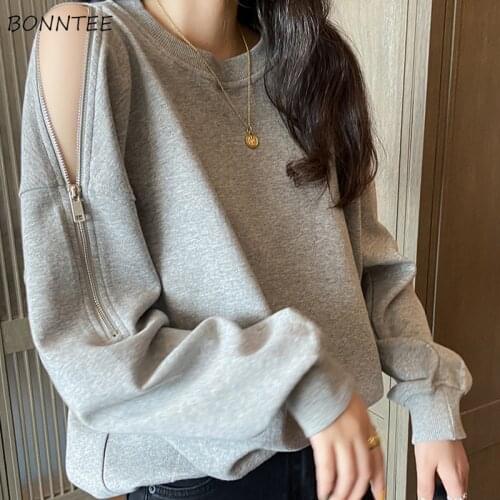 Women Hoodies Large Size Round Neck Long Sleeve Solid Pullover Chic Fashion Korean Style All-match Designer Soft Simple Casual