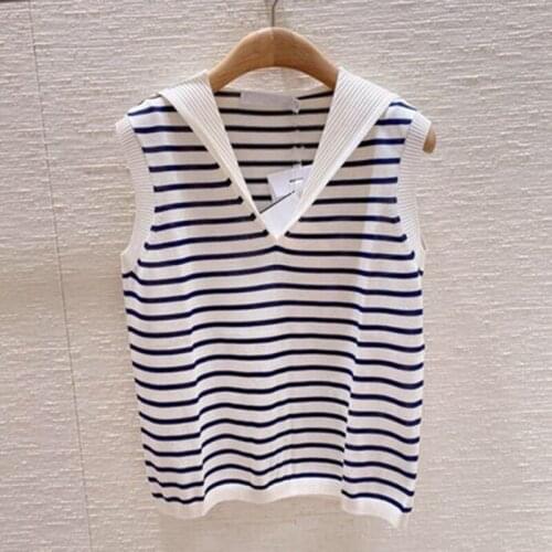 Knitted Pullover Vests Women Top V-neck Letter Print Stripe Tank Blusas Mujer De Moda Summer New Fashion Female Casual Thin Tops